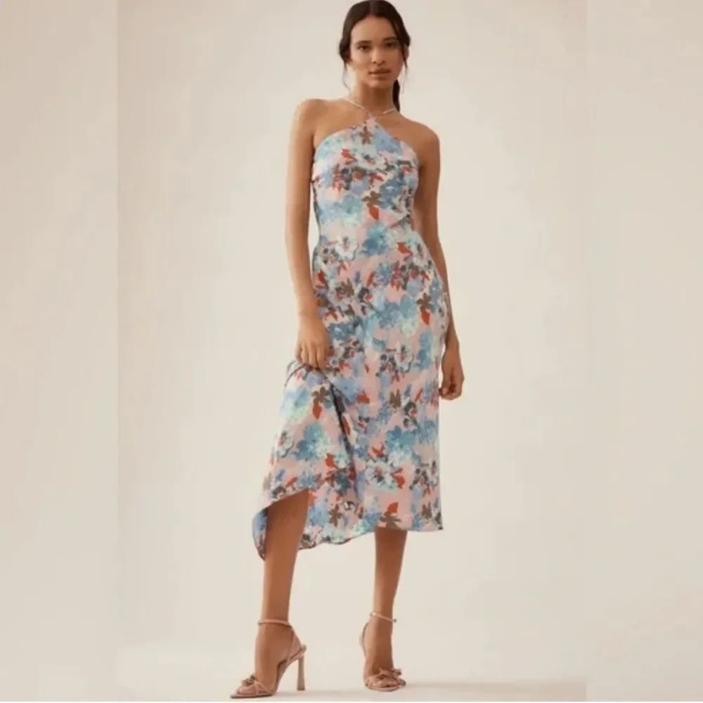 NWT By Anthropologie Halter Slip Midi Dress Blue Botanical Floral XL